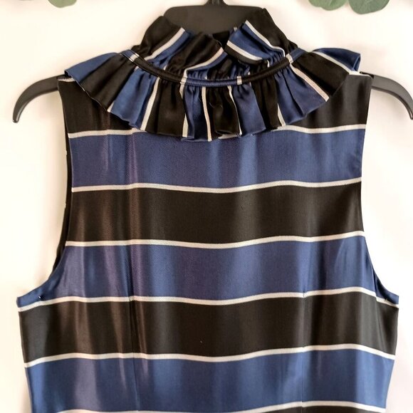 Banana Republic Blue Black Satin Ruffle Neck Sleeveless Dress Size 8 Lined - Picture 7 of 10